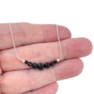 Black Tourmaline Bar Necklace | Vintage Sterling Silver 925 Beaded Adjustable